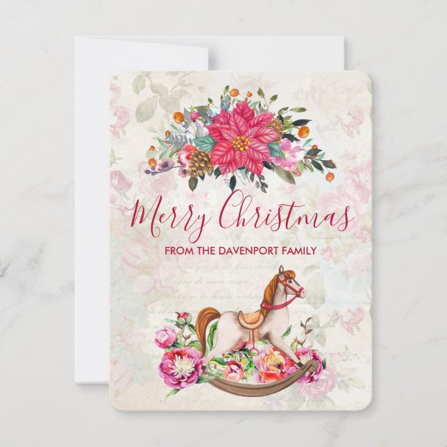 Victorian Rocking Horse & Poinsettia Christmas Holiday Card (Front)