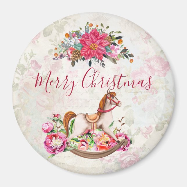 Victorian Rocking Horse & Poinsettia Christmas Magnet (Front)