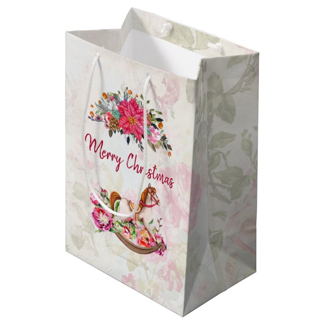 Victorian Rocking Horse & Poinsettia Christmas Medium Gift Bag (Front Angled)