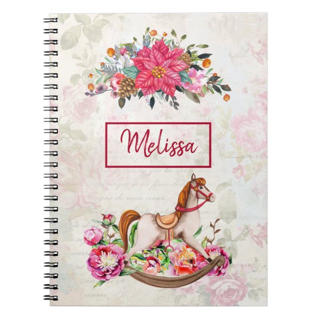 Victorian Rocking Horse & Poinsettia Christmas Notebook (Front)