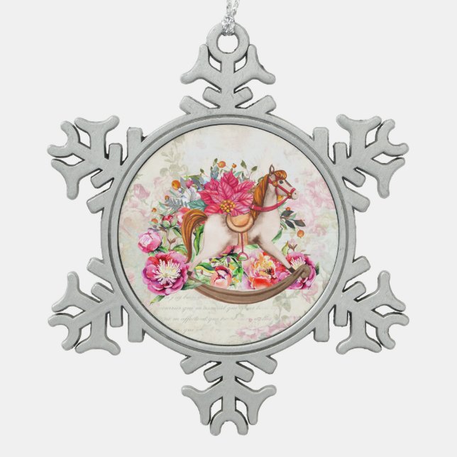 Victorian Rocking Horse & Poinsettia Christmas Snowflake Pewter Christmas Ornament (Front)