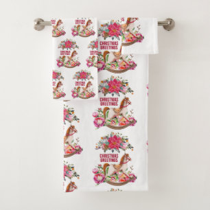 Victorian Rocking Horse & Poinsettia Pattern Bath Towel Set
