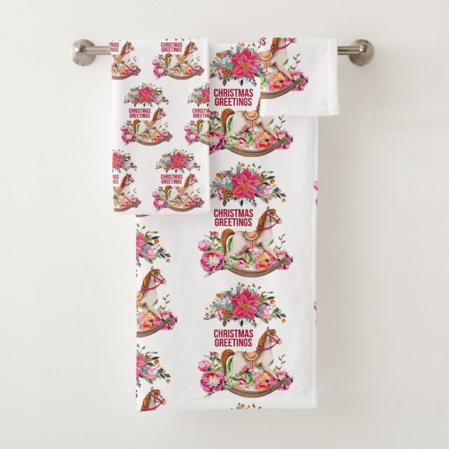 Victorian Rocking Horse & Poinsettia Pattern Bath Towel Set (Insitu)