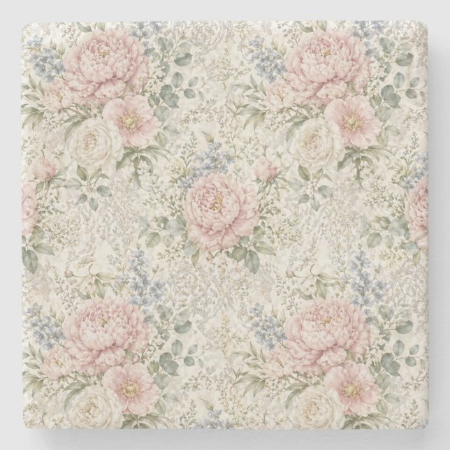 Victorian Romance: Blushing Peonies Delicate Lace Stone Coaster (Front)