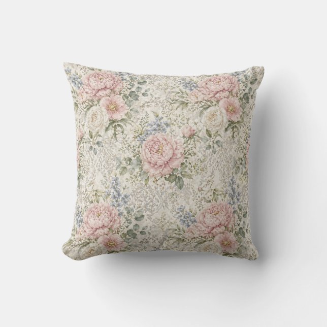Victorian Romance: Blushing Peonies Delicate Lace Throw Pillow (Front)