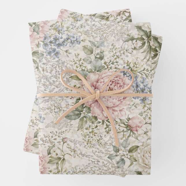 Victorian Romance: Blushing Peonies Delicate Lace Wrapping Paper Sheet (In situ)
