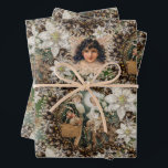 Victorian Romantic Christmas   Wrapping Paper Sheet<br><div class="desc">Pretty white poinsettias and pine cone wreaths with a Victorian Santa and angels.</div>