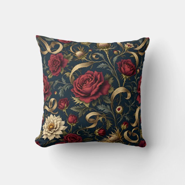 Victorian Rose and Thistle Elegant Pattern Throw Pillow (Front)