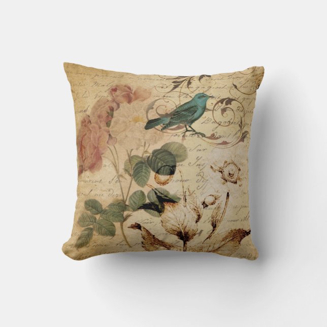 victorian rose bird Paris French Botanical Throw Pillow (Front)