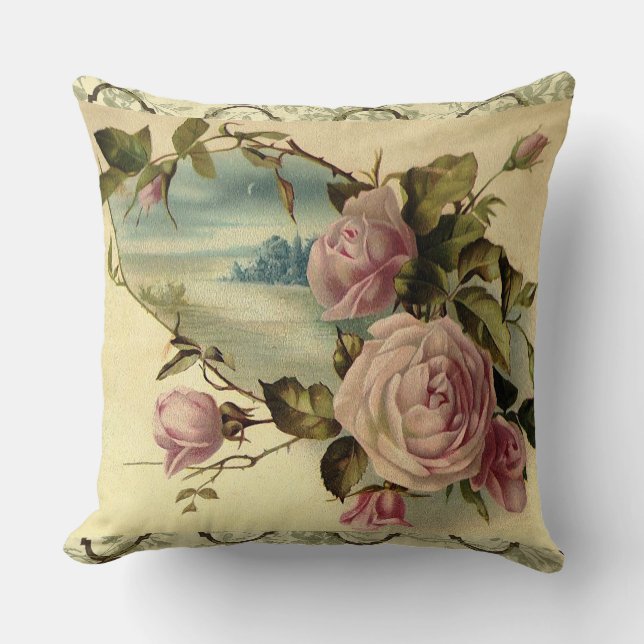 Victorian Rose Garden Gate by the Sea Throw Pillow (Front)