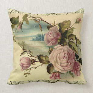 Victorian Rose Garden Gate by the Sea Throw Pillow