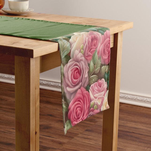 Victorian Rose Garden - Pastel Pink Blooms Short Table Runner (In Situ)