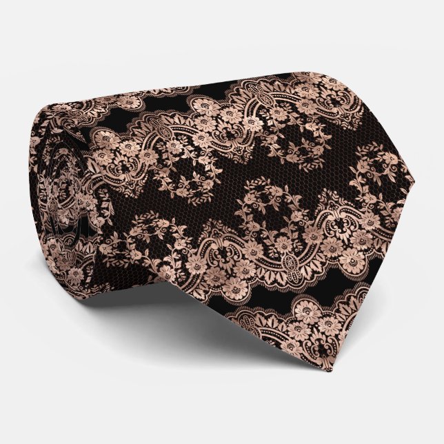 Victorian rose gold black pattern Wedding neck tie (Rolled)