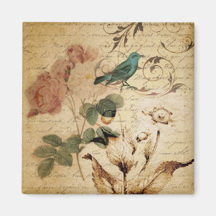 Victorian Rose Paris Scripts french bird botanical Magnet