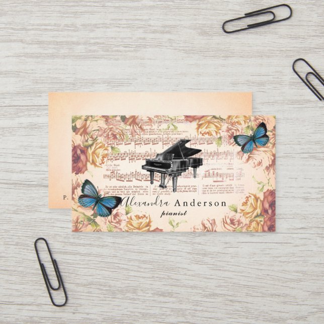Victorian Rose Pianist Music Teacher Business Card (Front/Back In Situ)