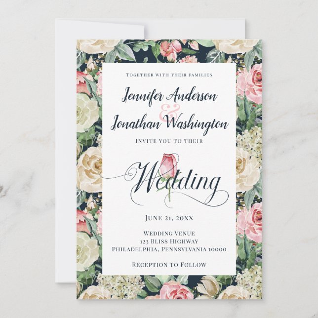 Victorian Rose Watercolor Floral Pattern  Wedding Announcement (Front)