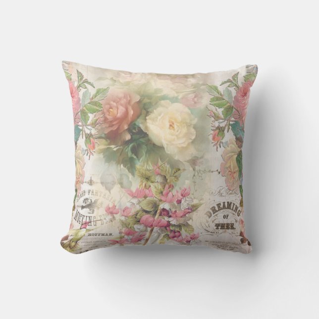 Victorian Roses and Ephemera Throw Pillow (Front)