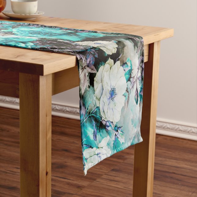 Victorian Roses Floral turquoise teal white black Short Table Runner (In Situ)