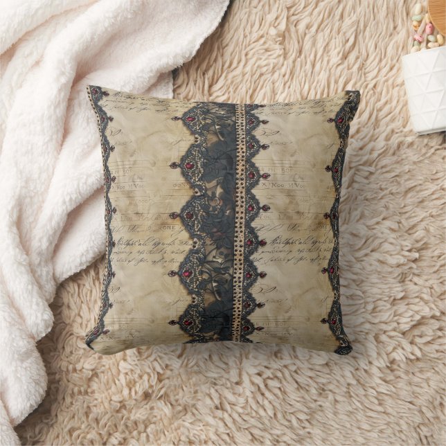 Victorian Ruby Lace Gothic Pattern (4) Throw Pillow (Blanket)