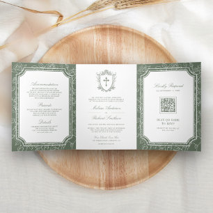 Victorian Sage Green Catholic QR Code Wedding Tri-Fold Invitation