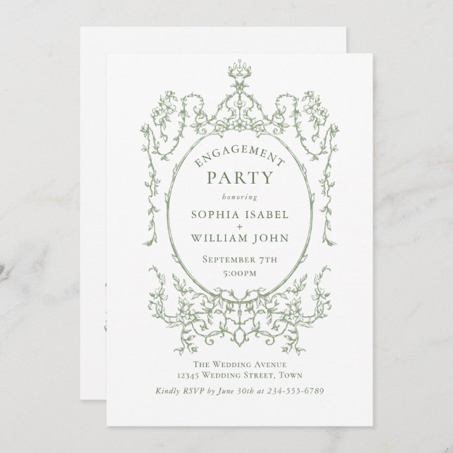Victorian Sage Green ENGAGEMENT PARTY QR code Invitation (Front/Back)