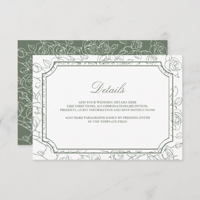 Victorian Sage Green Line Art Wedding Details Enclosure Card (Front/Back)