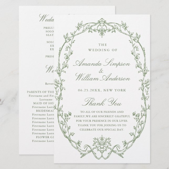 Victorian Sage Green Mariage Cerememing Programme (Devant / Derrière)