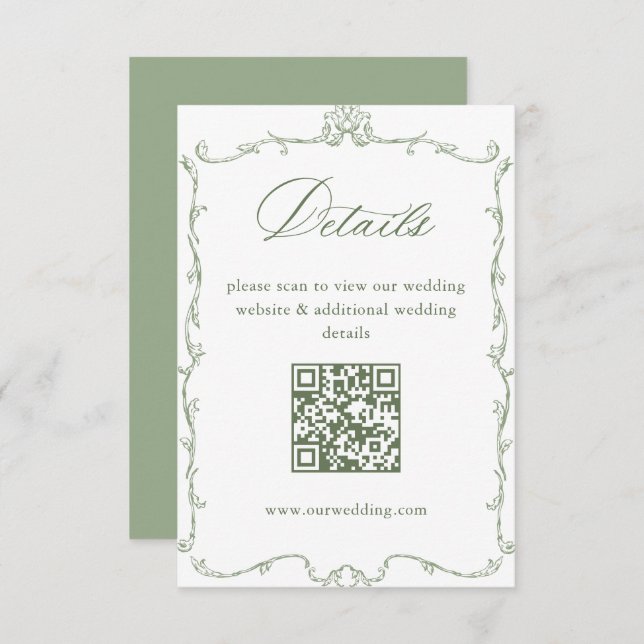 Victorian Sage Green Wedding Details QR code Enclosure Card (Front/Back)