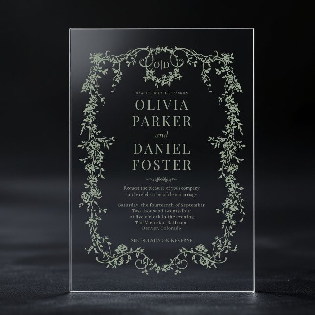 Victorian Sage Green Wedding Monogram Acrylic Invitations (Creator Uploaded)