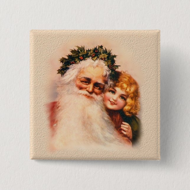 Victorian Santa and Girl 2 Inch Square Button (Front)