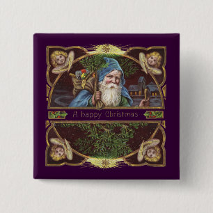 Victorian Santa Angels Blue Christmas Vintage Art 2 Inch Square Button
