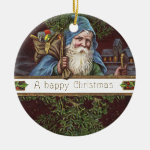 Victorian Santa Angels Blue Christmas Vintage Art Ceramic Ornament