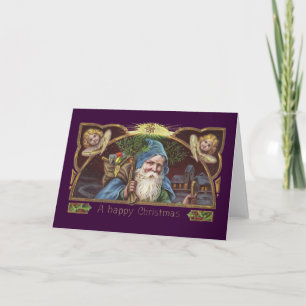 Victorian Santa Angels Blue Christmas Vintage Art Holiday Card