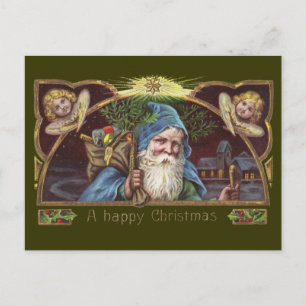 Victorian Santa Angels Blue Christmas Vintage Art Holiday Postcard