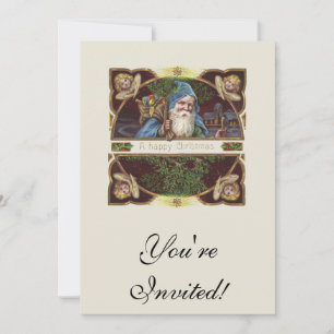 Victorian Santa Angels Blue Christmas Vintage Art Invitation