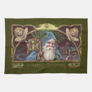 Victorian Santa Angels Blue Christmas Vintage Art Kitchen Towel