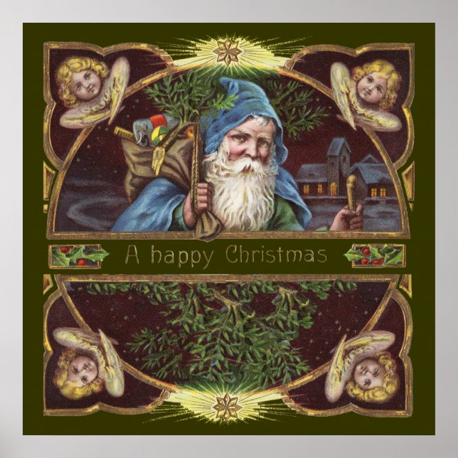 Victorian Santa Angels Blue Christmas Vintage Art Poster (Front)