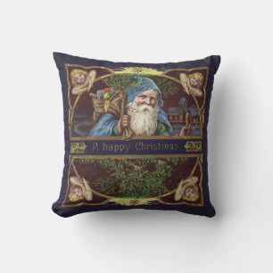 Victorian Santa Angels Blue Christmas Vintage Art Throw Pillow