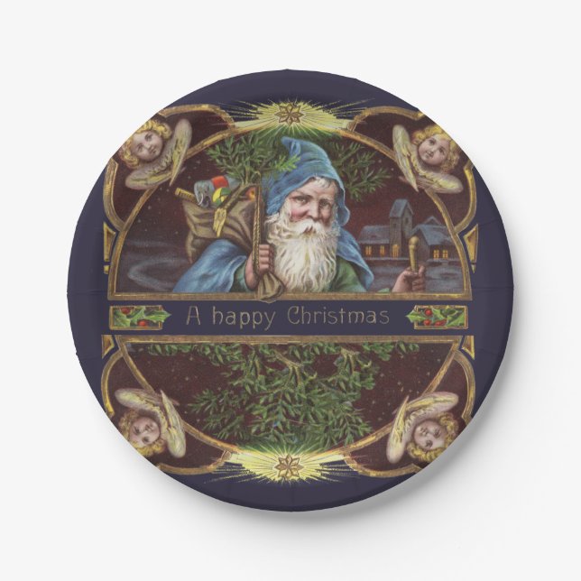 Victorian Santa Angels Christmas Antique Paper Plate (Front)