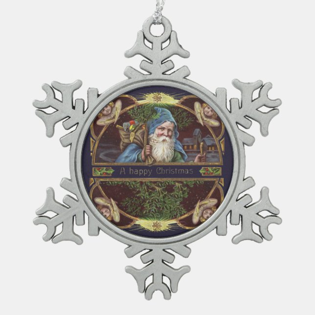 Victorian Santa Angels Christmas Antique Snowflake Pewter Christmas Ornament (Front)