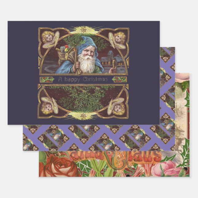 Victorian Santa Angels Christmas Antique Wrapping Paper Sheet (Set)