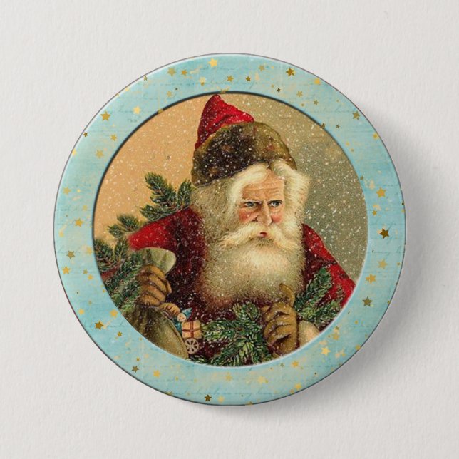 Victorian Santa Claus - Light Turquoise Border  3 Inch Round Button (Front)