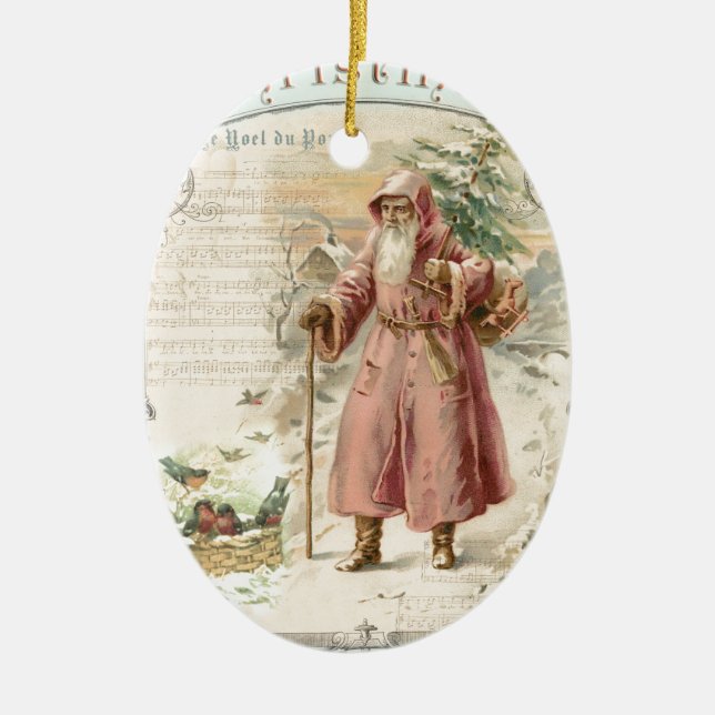 Victorian Santa Claus Pink Tree Birds Christmas Ceramic Ornament (Front)