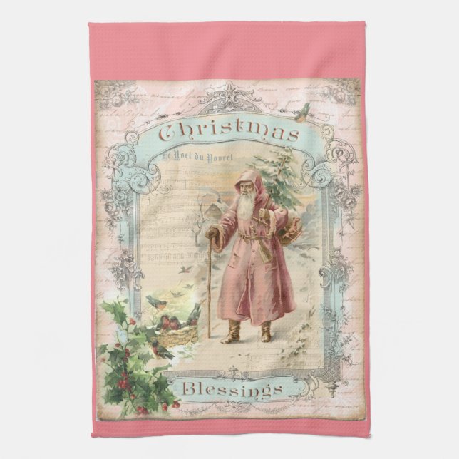 Victorian Santa Claus Pink Tree Birds Christmas Kitchen Towel (Vertical)