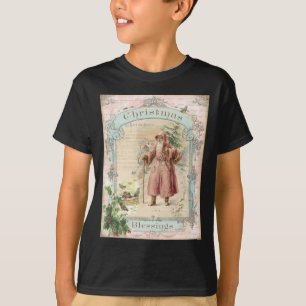 Victorian Santa Claus Pink Tree Birds Christmas T-Shirt