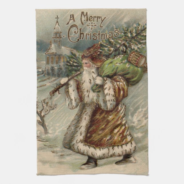 Victorian Santa Claus With Christmas Tree Kitchen Towel (Vertical)