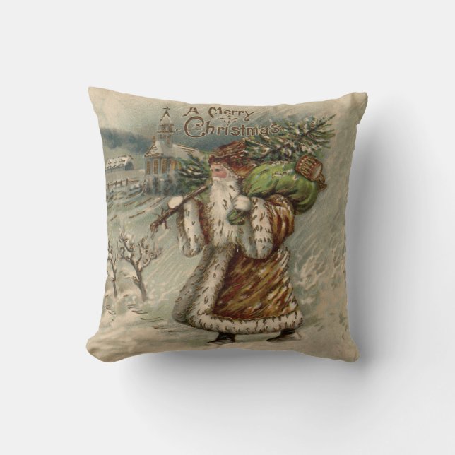 Victorian Santa Claus With Christmas Tree Throw Pillow (Front)