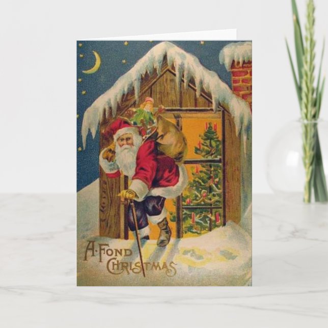 Victorian Santa on Rooftop Christmas Greeting Card (Front)