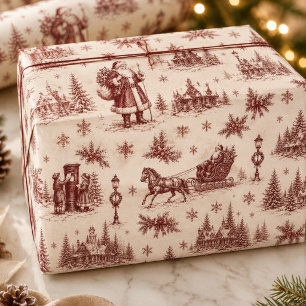 Victorian Santa Village Toile Vintage Christmas Wrapping Paper