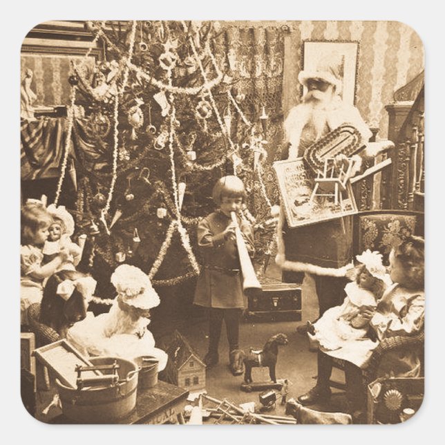 Victorian Santa Vintage Stereoview Sepia Square Sticker (Front)